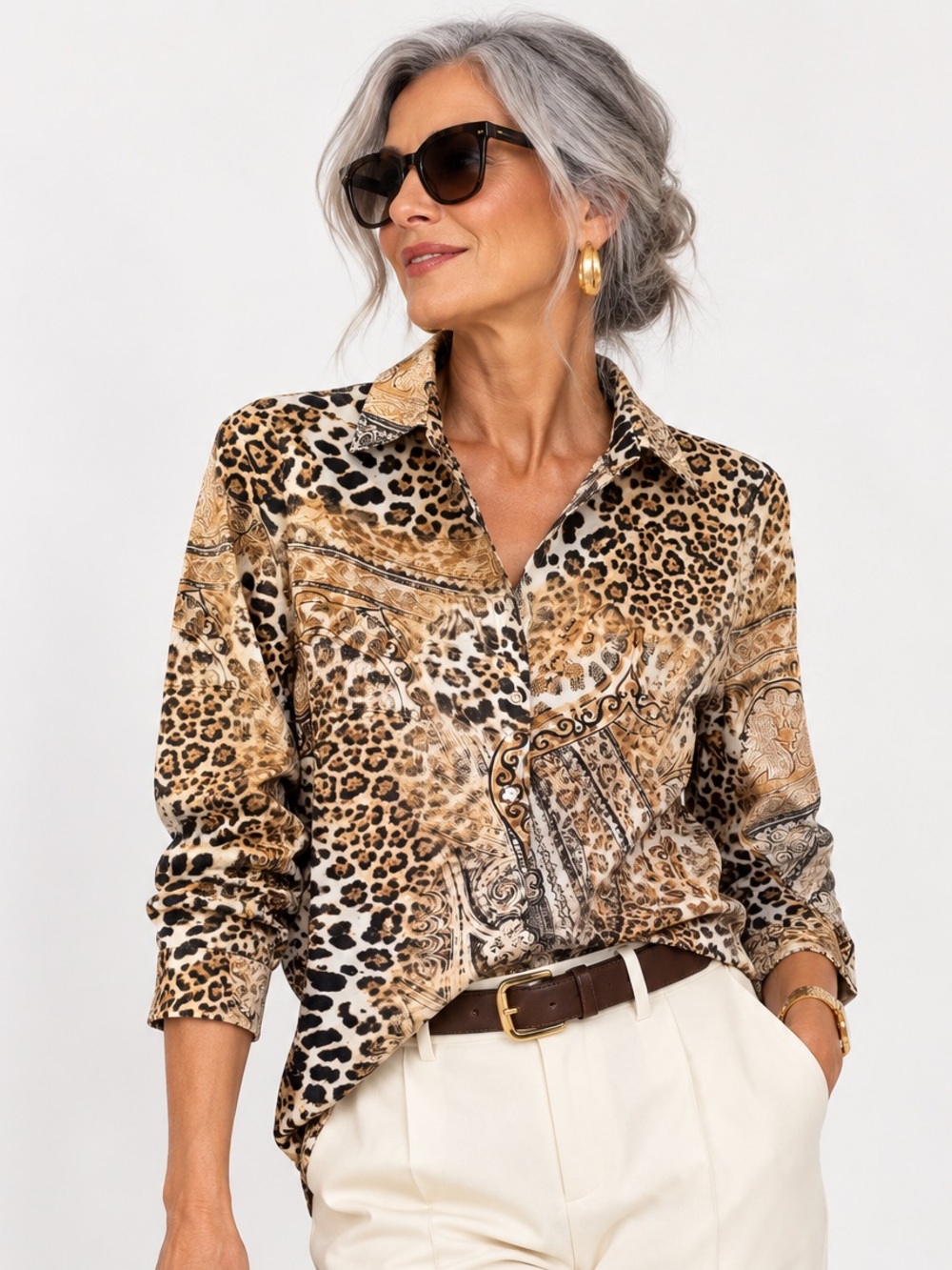 Chico’s Size 1 Leopard Paisley 100% Cotton Shirt Animal Print